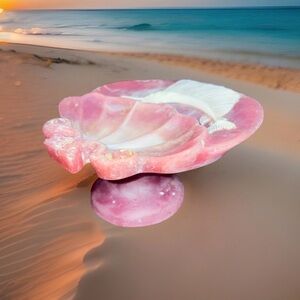 Vtg Pink Pedestal Incolay Shell Shape Soap Dish W/ White Relief Sailfish  Decor